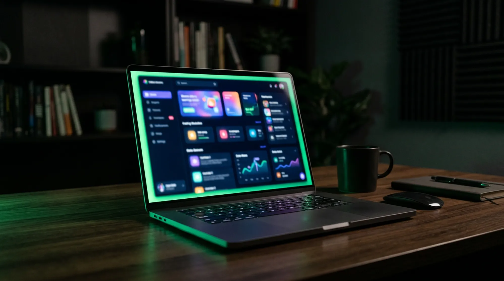 Nauka zdalna — laptop z materiałami edukacyjnymi w ciemnym wnętrzu